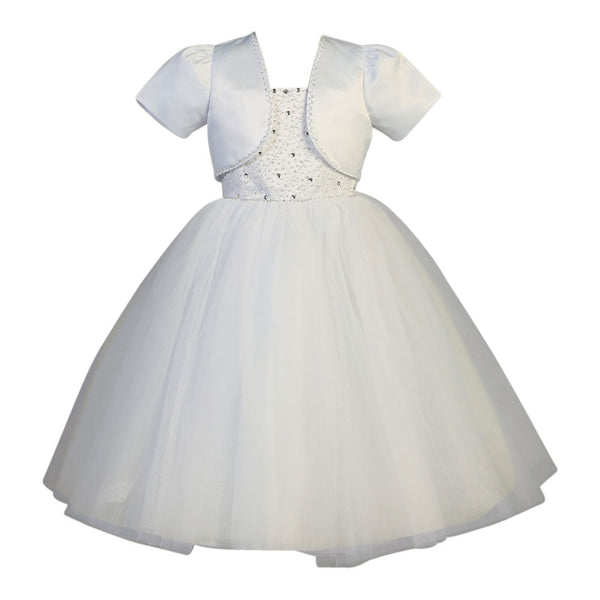 Big Girls White Beaded Satin Tulle Bolero Holy Communion Dress 7-14 - SophiasStyle.com
